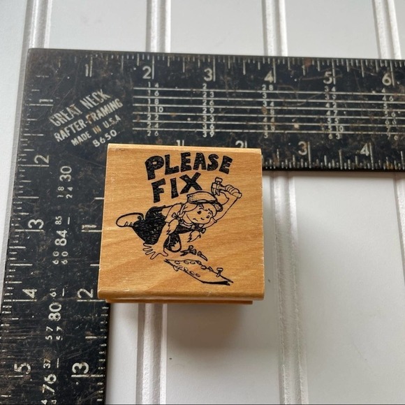 Vintage Wood Block Rubber Stamp Handyman Girl Please Fix Hammer Tool - Picture 5 of 6